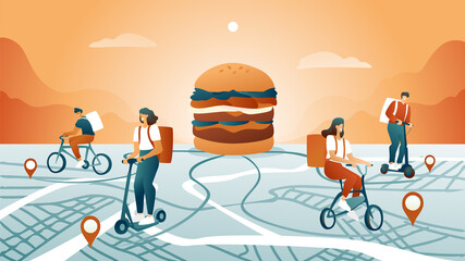 Concept of food delivery on bicycles and electric scooters. Young guys with messenger bag flasks deliver food against the background of an abstract map of the city. Big burger, uniformed delivery men.