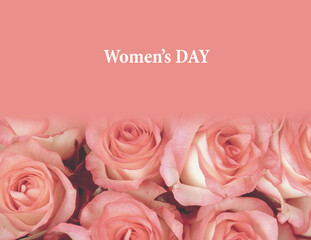 Women's bouquet of roses, top view. Creative concept, text for greeting card. Happy Women's Day....