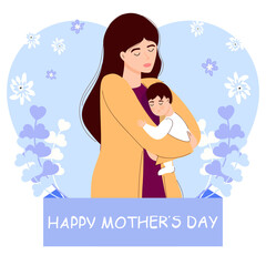 White young mom is holding the baby. This is a boy. Mothers Day. Greeting card. For your design.
