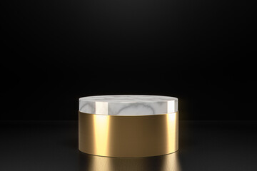 Minimal white marble cylinder circle pedestal podium. Round gold display stage platform on black background. Luxury simple clean design. 3d rendering.