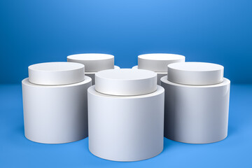 Round product display podium. Minimal white geometric shape stage scene on blue background. 3d rendering.