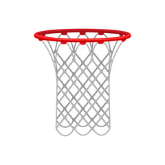 Fototapeta na wymiar Red basketball hoop with a rope net, for playing basketball. Sports equipment. Vector illustration isolated on white background.