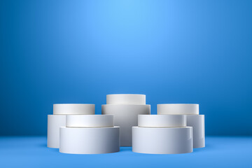 Round product display podium. Minimal white geometric shape stage scene on blue background. 3d rendering.