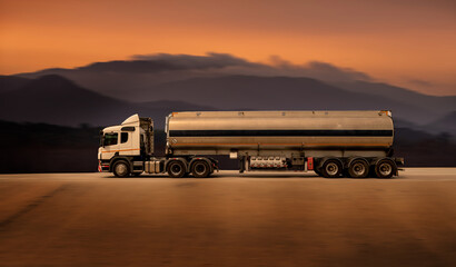 Gasoline tanker with fuel tanker truck shipping speed on high way road to delivery logistic...