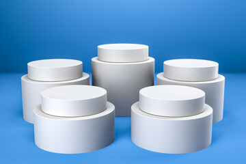 Round product display podium. Minimal white geometric shape stage scene on blue background. 3d rendering.