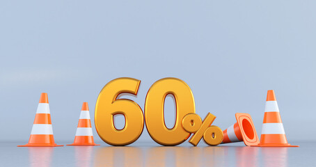 sixty percent (60% ) number with traffic cones . 3d render