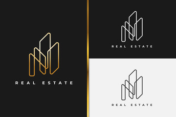 Real Estate Logo in Gold Gradient with Line Style. Construction, Architecture or Building Logo Design Template