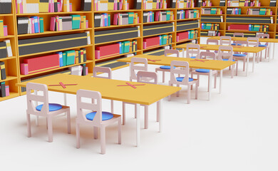 Social distancing concept in library for protection from corona or covid 19, 3d illustration or 3d render