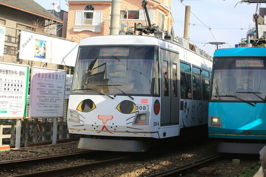 Tokyo, Japan-15 January 2018:tram  painted like the cat, running on the Setagaya sen in Tokyo. Setagaya sen is only tram line in Tokyu Corporation.