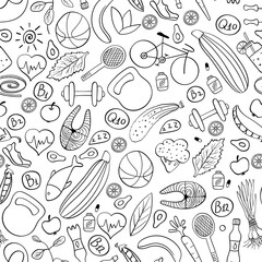 Healthy lifestyle seamless pattern. Black doodles on white background. Vector illustration.