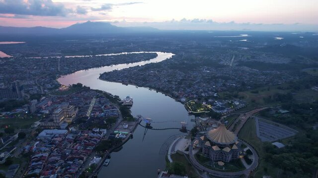 Kuching, Sarawak Malaysia - April 26 2021: The buildings, landmarks and scenery of Kuching city, capital of Sarawak, Borneo island. 