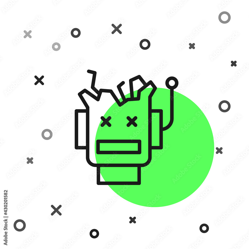 Poster black line broken robot icon isolated on white background. artificial intelligence, machine learning