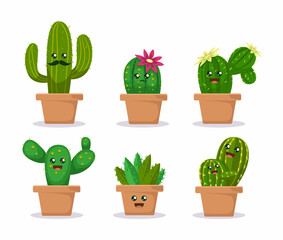 Set of cute cactus succulent plants mascot