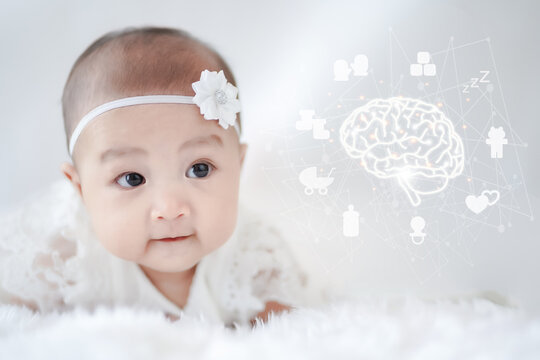 A cute baby girl with a thought process in the brain and network connection of the icon set of baby first need items