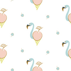 Naklejka premium Seamless flamingo icecream cherry bird pattern. Summer baby background
