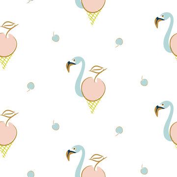 Seamless flamingo icecream cherry bird pattern. Summer baby background