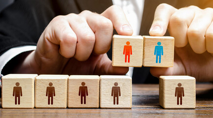 Businessman chooses a candidate for the team. Leadership and personnel management. Hiring qualified professional staff. Adapting to changes in leader positions. Business team building.