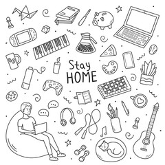 A cozy home office for the duration of the quarantine. Stay at home and stay healthy. Vector illustration in the doodle style, isolated black elements on a white background.