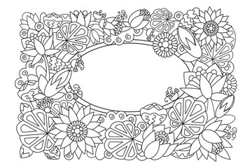 Coloring book, vegetable pattern in black and white style. Relaxing drawing for children and adults. Coloring book in zentangle style. Floral line art, greeting card.