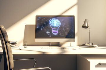 Modern computer monitor with creative light bulb hologram with human brain, idea and brainstorming concept. 3D Rendering