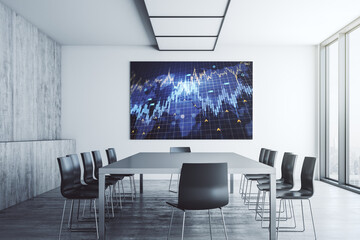 Abstract creative financial diagram with world map on presentation monitor in a modern boardroom, banking and accounting concept. 3D Rendering