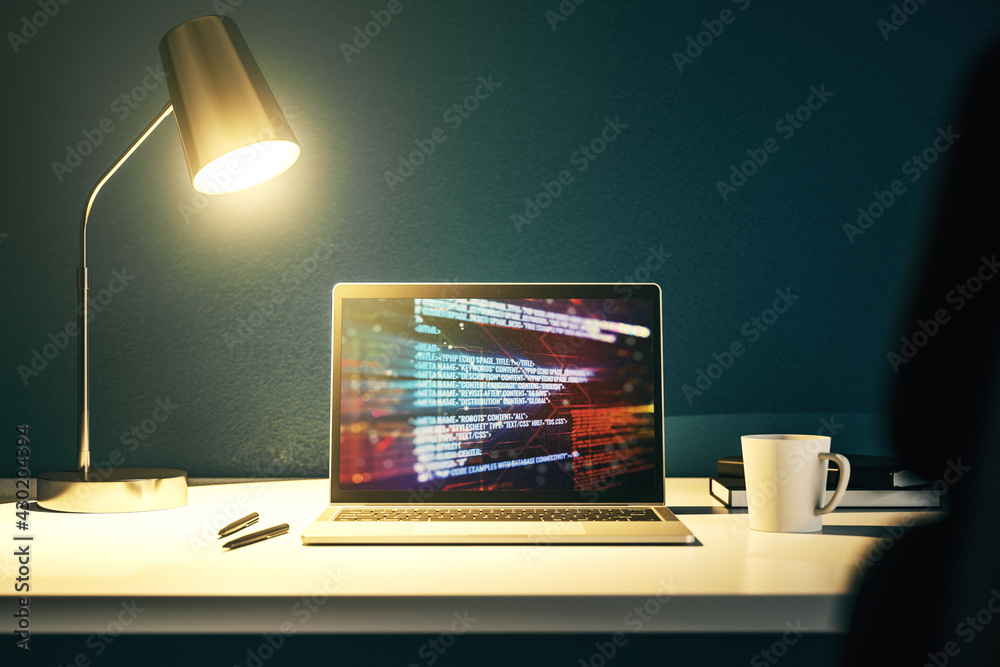 Leinwandbilder modern computer monitor with abstract programming language, research and development concept. 3d ren