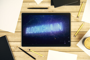 Creative abstract blockchain technology sketch on modern digital tablet screen, future technology and blockchain concept. Top view. 3D Rendering