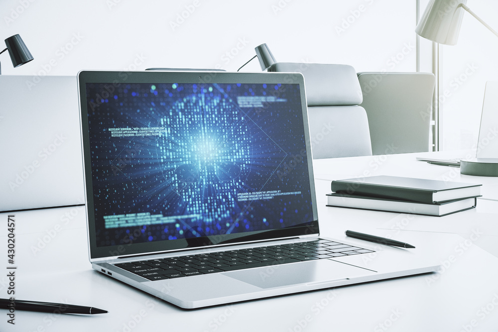 Leinwandbilder creative code skull hologram on modern computer monitor, cybercrime and hacking concept. 3d renderin