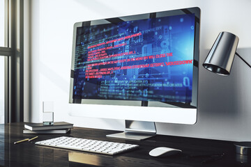 Computer monitor with abstract creative programming illustration, big data and blockchain concept. 3D Rendering