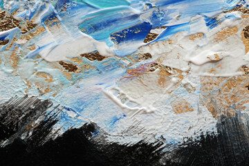 Art Abstract acrylic color and gold patal smear blot painting. Horizontal texture canvas background.