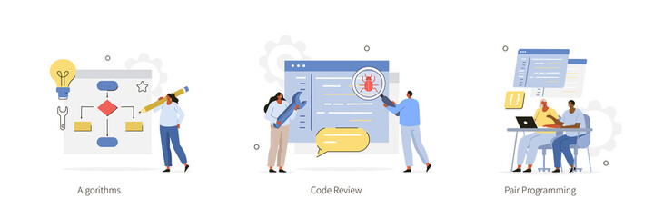 Various Programming and Coding Icons. Code Review Writing,  Algorithms Solution and Pair Programming Concepts. Characters working  in Software Development Industry. Flat Cartoon Vector Illustration.