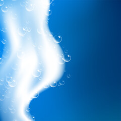 Beautiful blue background with realistic Soap foam with bubbles. Shampoo bubbles texture. Shiny washing hygiene detergent. Empty place for your text. Vector illustration
