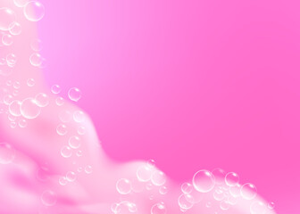 Beautiful bright background with Bath pink foam and empty place for your text. Shampoo bubbles texture. Sparkling pink shampoo and bath lather. Vector realistic illustration.
