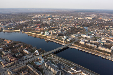 Fototapeta na wymiar Aerial view to the central part of Pskov. The Great River and the main attractions.
