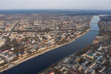 View from a great height to the center of the city of Pskov and the Velikaya River. - obrazy, fototapety, plakaty