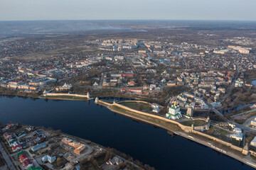 Fototapeta na wymiar Aerial view of the central part of Pskov, welcome to Russia, the tourist center of the Russian city.