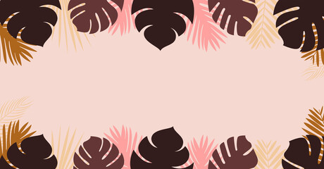 Palms Vector template with copy space in flat design Cute monstera leaves and tropical plants on light pink background © Picture Store