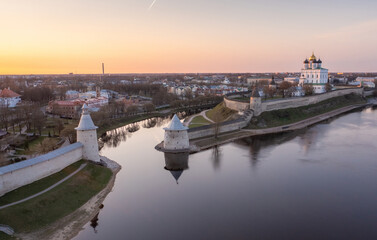 View of the Pskov Kremlin and the Trinity Cathedral at dawn. Pskov, Russia