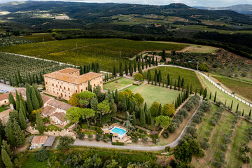 Aerial view, Italy, Tuscany, province of Siena, Montalcino, Argiano, Sant'Angelo In Colle, Italy,...