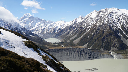 Mount Cook Peak in a snowy mountain landscape on the South Island of New Zealand.