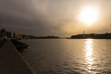 urban landscape sunset on the banks of the Neva River, Saint Petersburg, March 2021