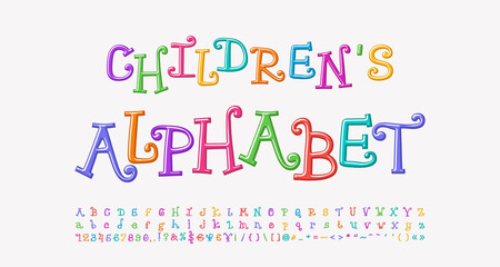 Multicolored funny curly alphabet. Cartoon font rainbow bright colors, uppercase and lowercase letters, numbers, marks. Vector font set