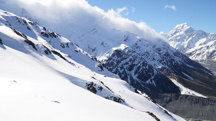 Mount Cook Peak in a snowy mountain landscape on the South Island of New Zealand.