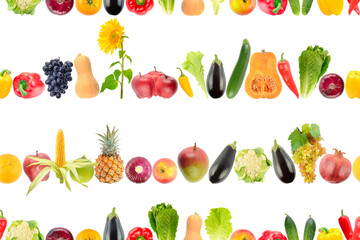 Seamless pattern of falling fruits and vegetables isolated on white