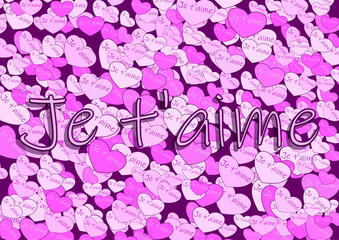 Carte rectangulaire sur laquelle est écrit je t'aime sur fond de coeurs roses