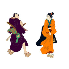 Japanese and Chinese culture vector illustration. Geisha and samurai warriors. Traditional Japanese culture, geisha woman. Japan art.