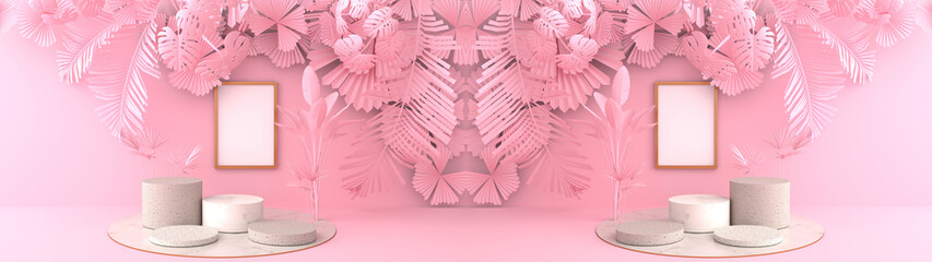 3D rendering of Smartphones white screen resting on a Round marble Podium. The pink leaves and pink palm overlap to form art dimensions. Pedestal Can be used for advertising, on pink background.