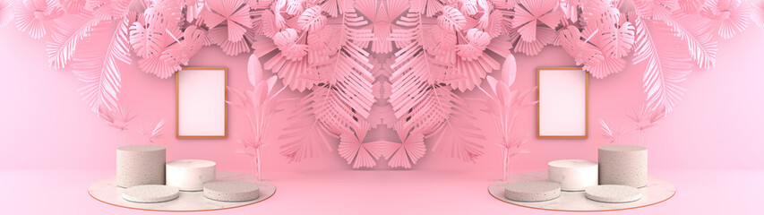 3D rendering of Smartphones white screen resting on a Round marble Podium. The pink leaves and pink palm overlap to form art dimensions. Pedestal Can be used for advertising, on pink background.