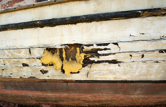 Hole in a rotting wooden boat repaired with expanding filler.