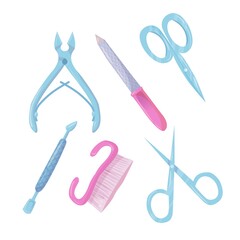A set of items. Manicure and pedicure. nail polish. Cartoon style manicure tools. Vector illustration isolated on white background.
